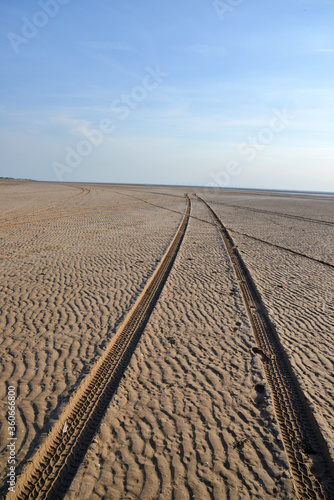 Tyre Tracks on the beach at Sandscales, near Barrow in Furness, Cumbria, England, UK