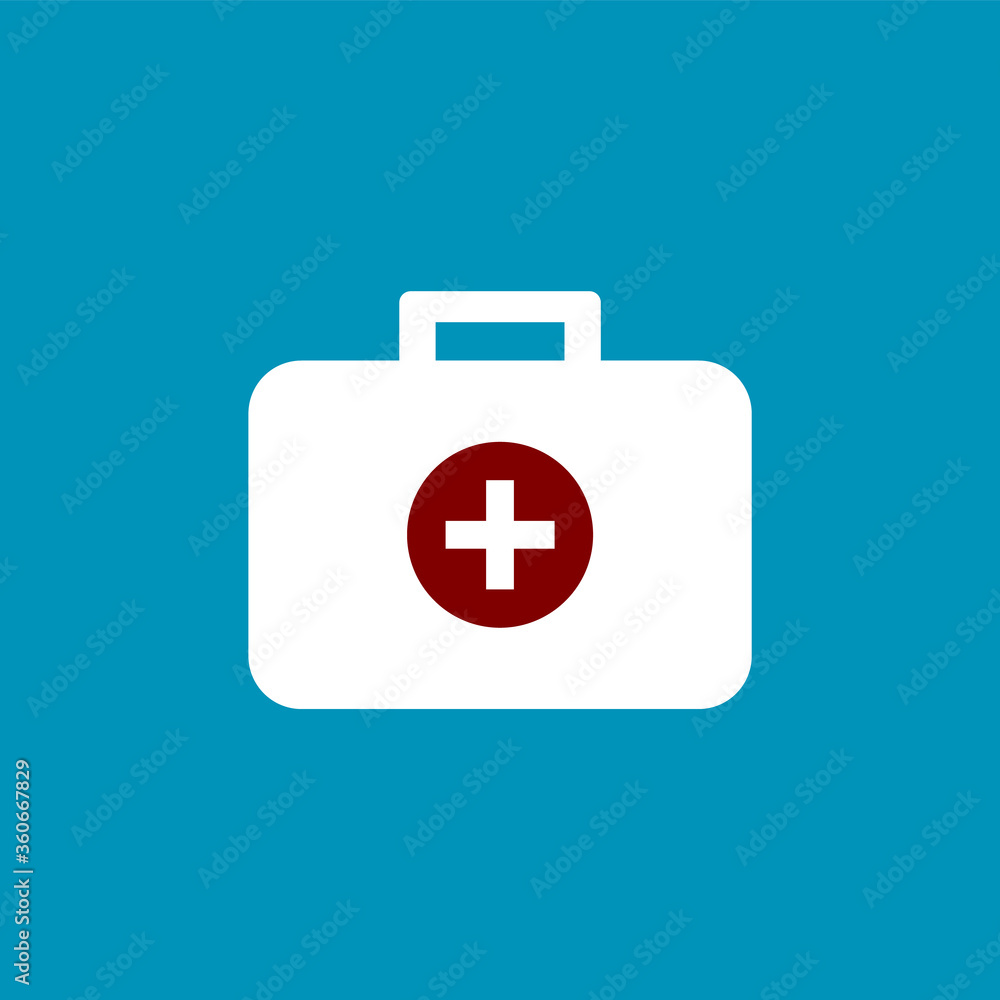 White medical suitcase on blue background. First aid kit with cross symbol. Physician's bag with medical supplies. Safety kit for workplace or home. Medicine box symbol. Vector illustration, clip art. White medical suitcase on blue background. First aid kit with cross symbol. Physician's bag with medical supplies. Safety kit for workplace or home. Medicine box symbol. Vector illustration, clip art.