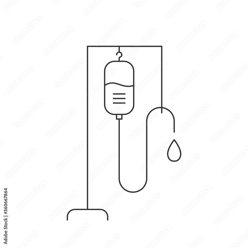 Vetor de IV stand with saline or glucose solution. Drip bag line icon