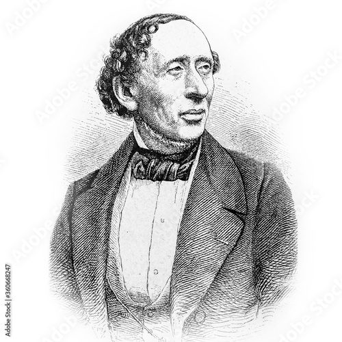Hans Christian Andersen (1805-1875), Danish fairy tales author. Old engraved picture from antique book „Marchen fur Kinder” (Fairy tales for children). Published by Loewes Verlag in Stuttgart (1907) photo