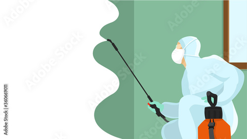 Horizontal banner with space for text. Man in protective suit, fumigator dress, pest control in hazmat suit. Disinfection concept. Flat vector illustration for viral diseases like coronavirus, sars.