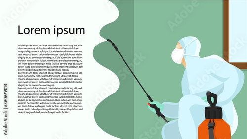 Horizontal banner with space for text. Man in protective suit, fumigator dress, pest control in hazmat suit. Disinfection concept. Flat vector illustration for viral diseases like coronavirus, sars.