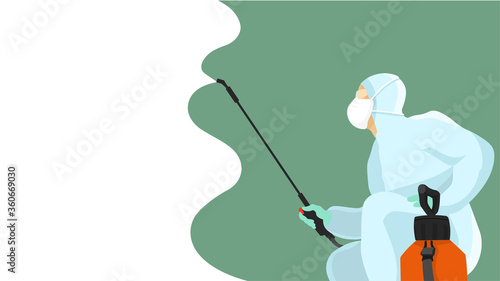 Horizontal banner with space for text. Man in protective suit, fumigator dress, pest control in hazmat suit. Disinfection concept. Flat vector illustration for viral diseases like coronavirus, sars.