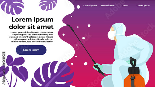 Horizontal banner with space for text. Man in protective suit, fumigator dress, pest control in hazmat suit. Disinfection concept. Flat vector illustration for viral diseases like coronavirus, sars.