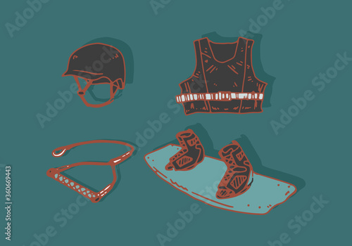 Wake sport elements on flat background. Isolated objects. Maritime sports. Helmet, life jacket, wakeboard.