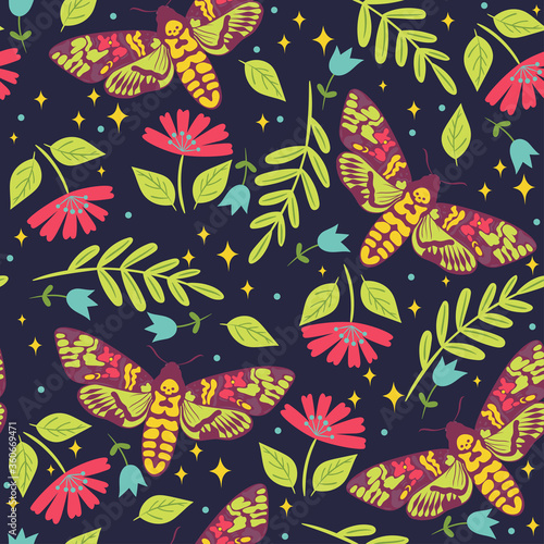 Seamless pattern with moths dead head. Vector graphics.