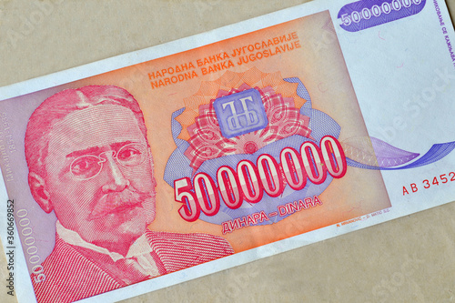 Obverse of 50 million dinars paper bill issued by Yugoslavia, that shows portrait of scientist Mihajlo Pupin photo
