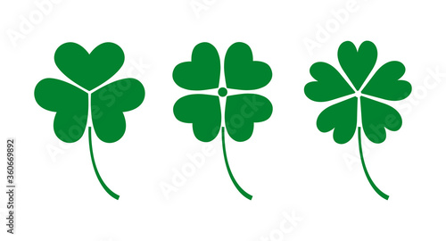 Symbol of good luck : Three leaf clover,four leaf clover, five leaf clover,isolated off on white background, clover , Irish symbol , St Patrick's Day . Vector illustration