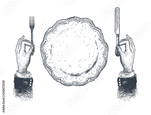 Hands with cutleries.Table setting with plate, fork, knife. Hand drawn vintage vector black and white illustration in a retro woodcut style