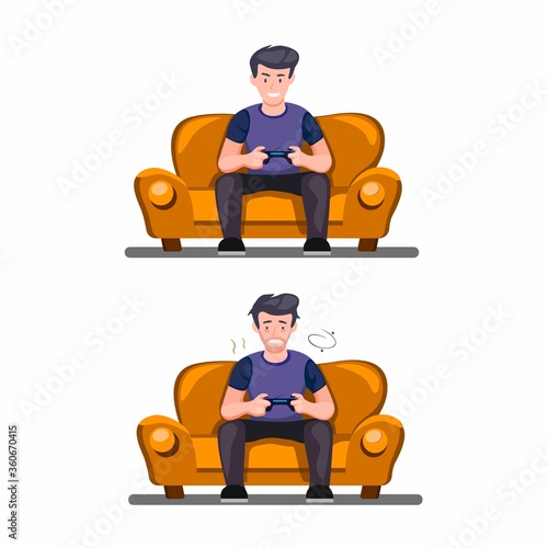 Gamer with condition fit and exhausted. man sitting in sofa with holding joystick playing game till tired icon set concept illustration vector on white background