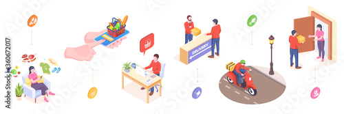 Delivery and online orders service, vector isometric or flat icons of fast food in mobile phone delivery. Online shop orders delivery service, post courier, digital store and supermarket delivery