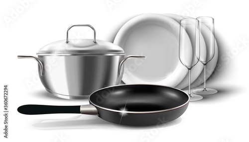 3d realistic vector icon illustration of kitchen dishes, pan and pot with a cover. Isolated on white background.