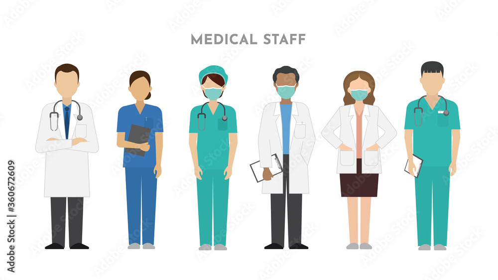Group of medical staff in uniform, doctor and nurse icons. Vector illustration of flat design people characters Group of medical staff in uniform, doctor and nurse icons. Vector illustration of flat design people characters