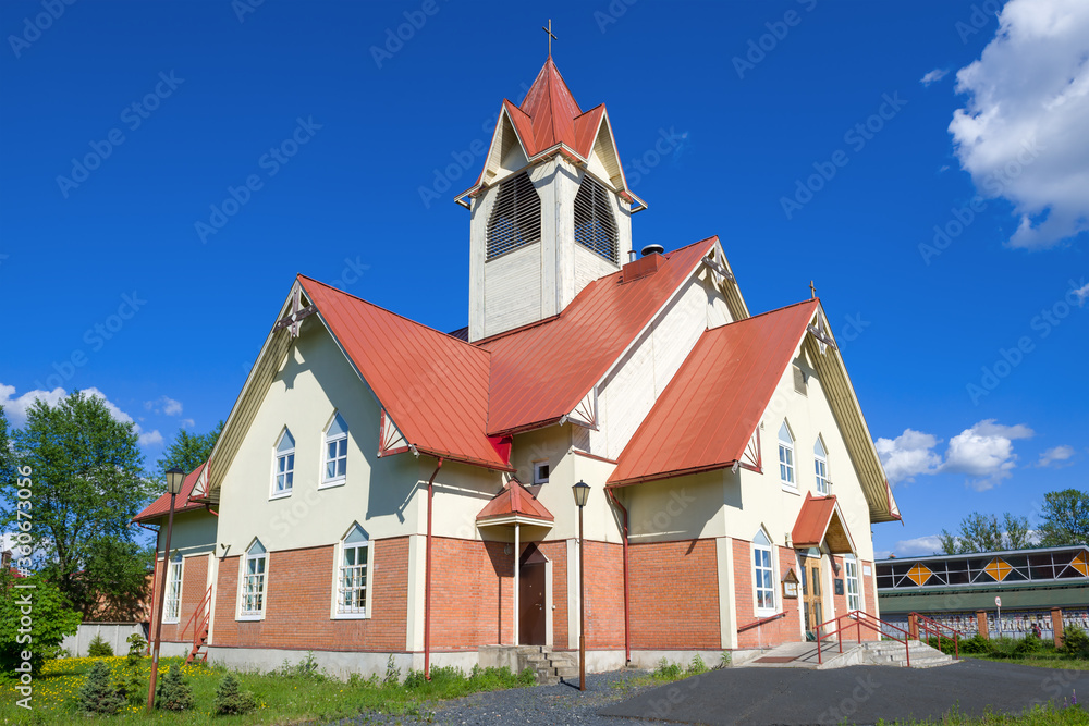 Evangelical Lutheran Church building close up on a sunny June day. Kondopoga, Russia