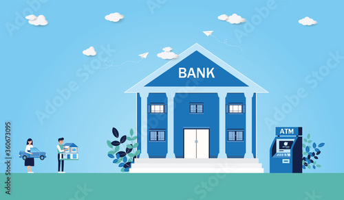 Mortgage,Vector illustration of man holding model house and woman holding the car with standing at the bank building for buying real estate or mortgage,Finance and Banking,Property money investment