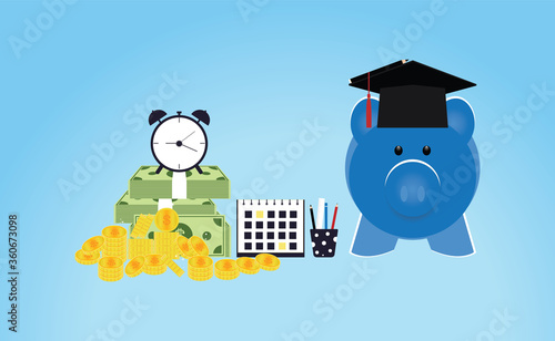 Vector illustration EPS10 of Graduation hat on blue piggy bank with Stack of gold coins money and banknote, Saving money for education concept