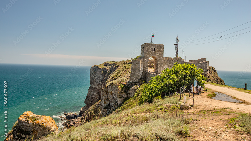 A panoramic shot of the famous Fortress of Kaliakra in Balgarevo, Bulgaria on a clear sky background