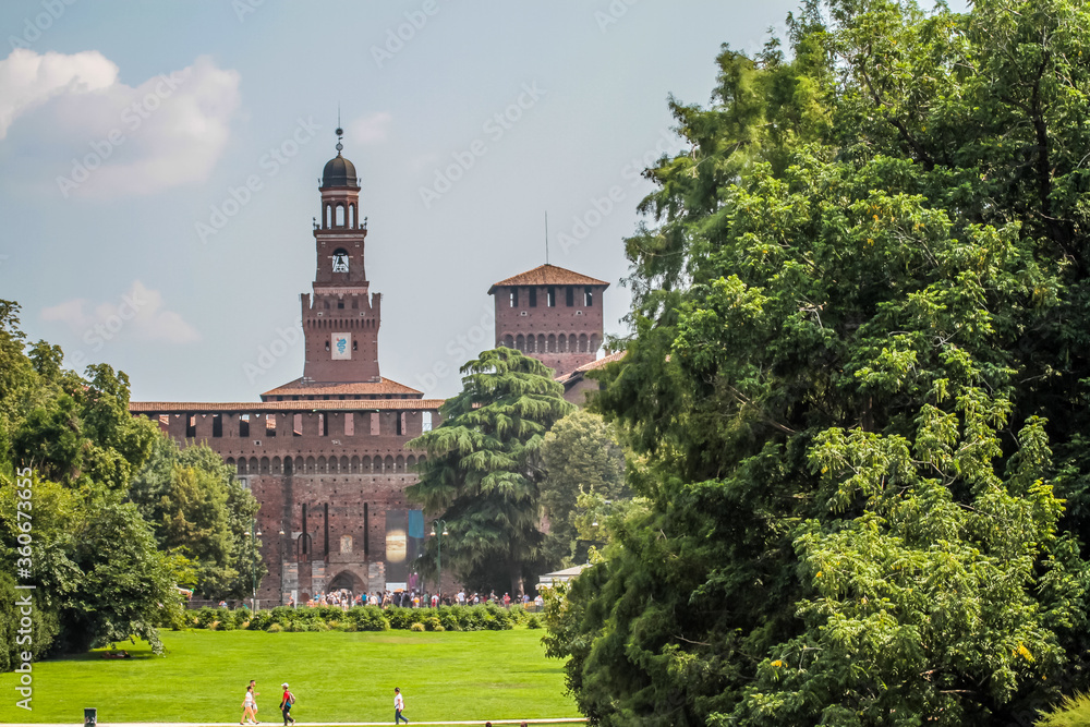 View of Sforza Castle from the Sempione Park, Milan, Italy