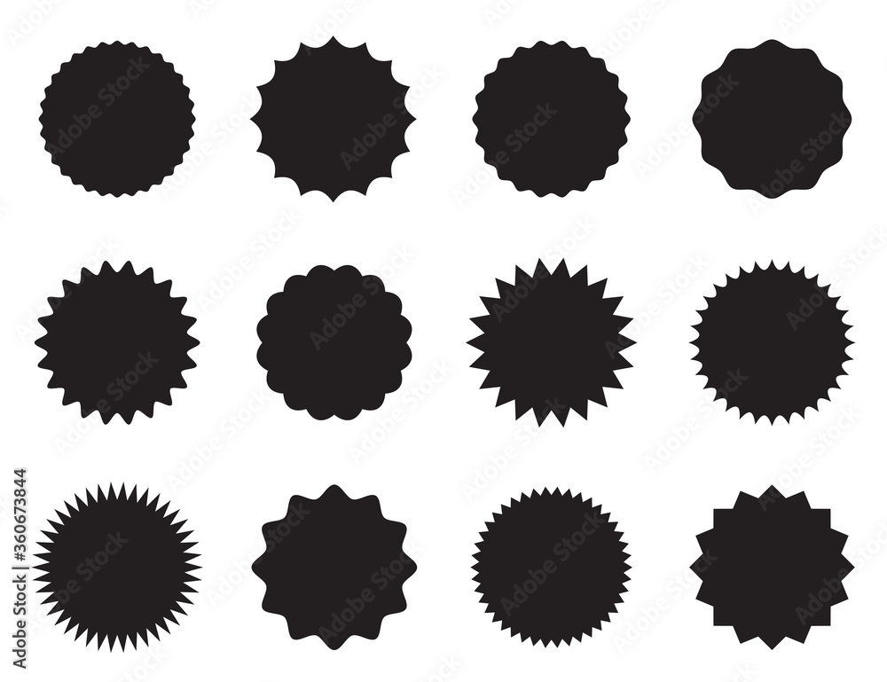 Set of round stickers with different edges black and white design. Vector illustration