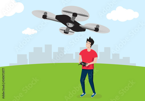A young man in a red T-shirt controls a quadrocopter or drone. Vector illustration.
