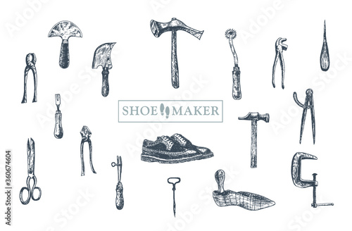 Workplace for cobbler. Hand drawn vector set of shoemaker and leather craft tools. Shoe repair elements. Working handmade tools. Boot-tree, cobbler's awl, bristle, shoe lasts, shoe shears, hammer
