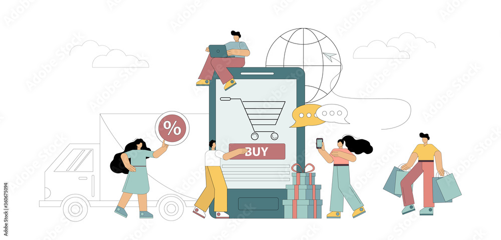 Fototapeta premium Sales and shopping concept. Flat people buy goods in the online store using digital gadgets. Isolated vector illustration.