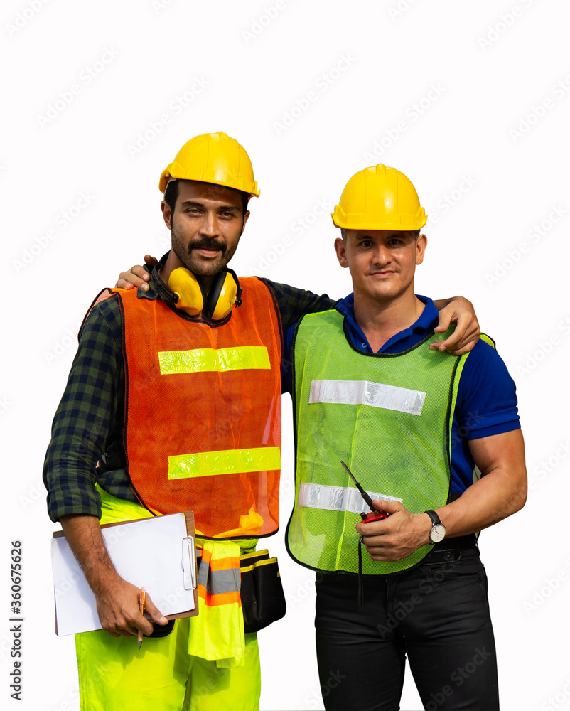 Two male construction workers or engineers Isolated on white background Two male construction workers or engineers Isolated on white background