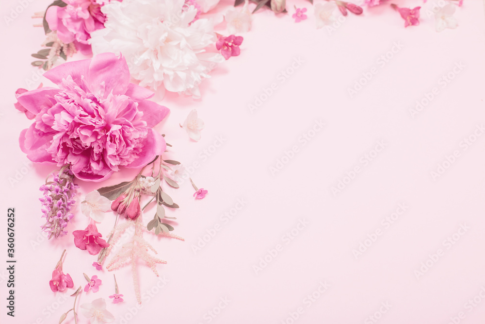 beautiful flowers on pink paper background
