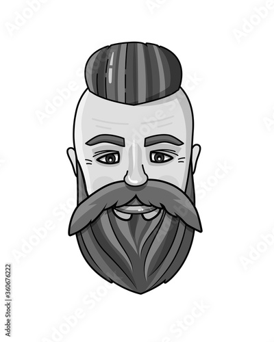 Black and white vector illustration of man's face. Hipster icon. Handsome bearded metro sexual man.