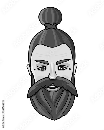 Black and white vector illustration of man's face. Hipster icon. Handsome bearded lumber sexual man. A metro sexual. 