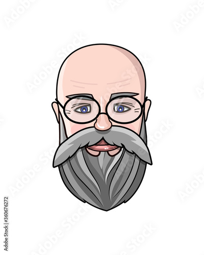 Vector illustration of grey hair man's face. Hipster icon. Handsome bearded old man. Grandfather.