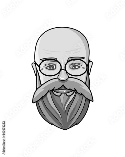 Black and white vector illustration of grown man's face. Hipster icon. Old handsome bearded metro sexual man. Grandfather with eyeglasses.