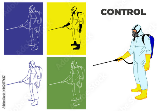 Disinfection, fumigation, pest exterminator. Set of vector illustrations of a side view