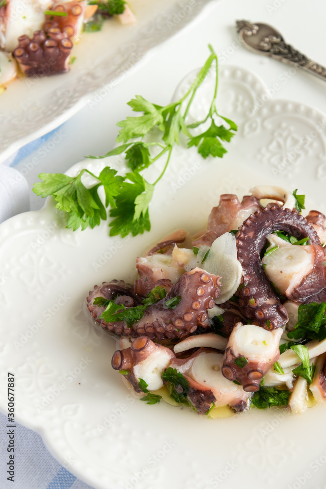 Octopus salad ready to eat, healthy protein seafood Octopus salad ready to eat, healthy protein seafood