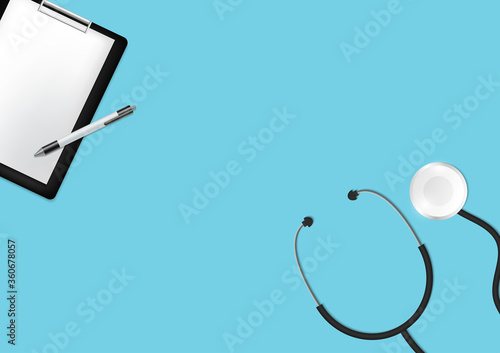 stethoscope and clipboard with blue background