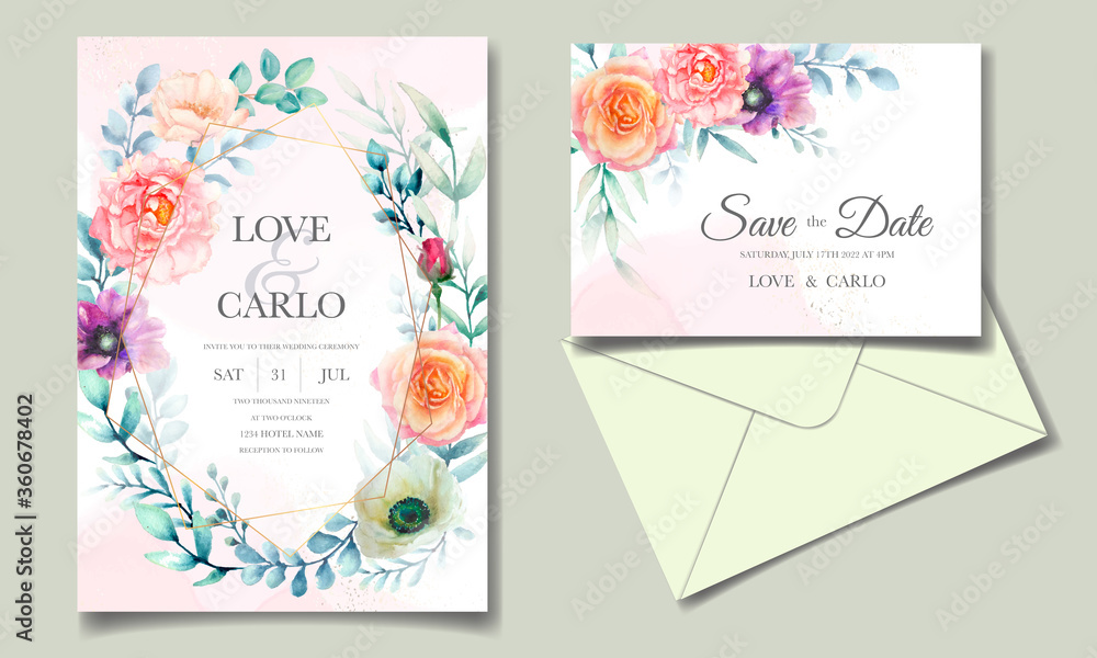 Wedding invitation template set with beautiful watercolor flower and greenery leaves