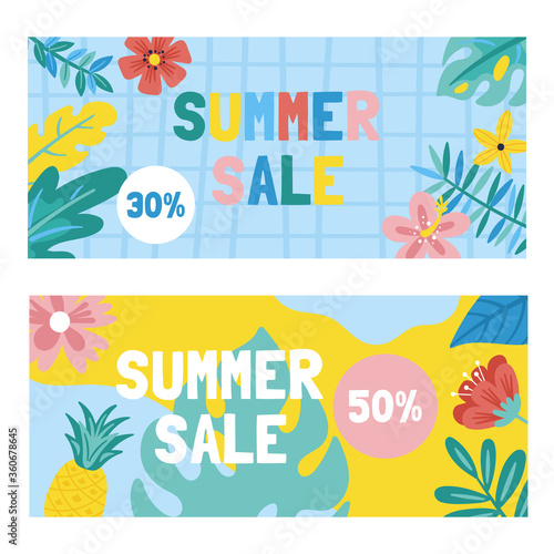 Summer cute sale banner with monstera leaf, flowers and palm leaves. Template for social media banner, poster or newsletter design