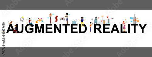 A vector banner of Augmented Reality topic, with people, shopping , studying, designing and traveling technology. 