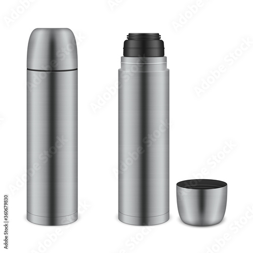 Metal thermos or vacuum flask realistic set. Dewar bottle open and closed mockups.