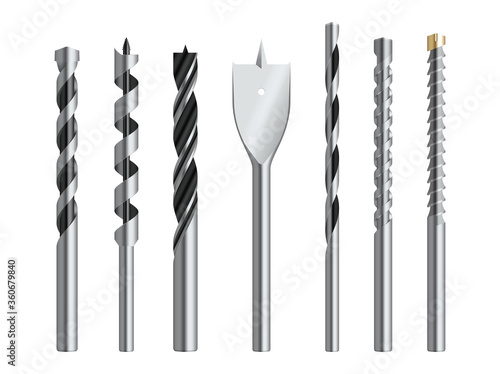 Drill bits metallic realistic set. Steel cutting tools in different shapes spade, lip, spur, masonry, twist.