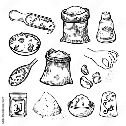 Edible and sea salt set. Food seasoning and kitchenware. Scoop, bag, shaker, plate, package, spoon.