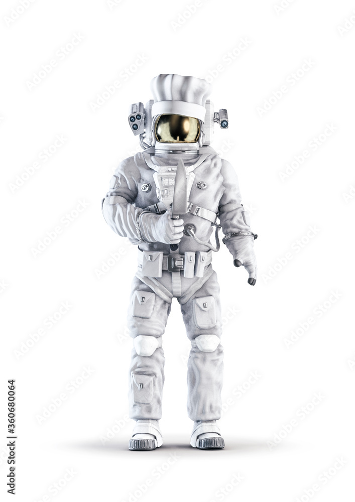 Kitchen chef astronaut / 3D illustration of space suit and chef hat wearing male figure holding large cooking knife isolated on white studio background