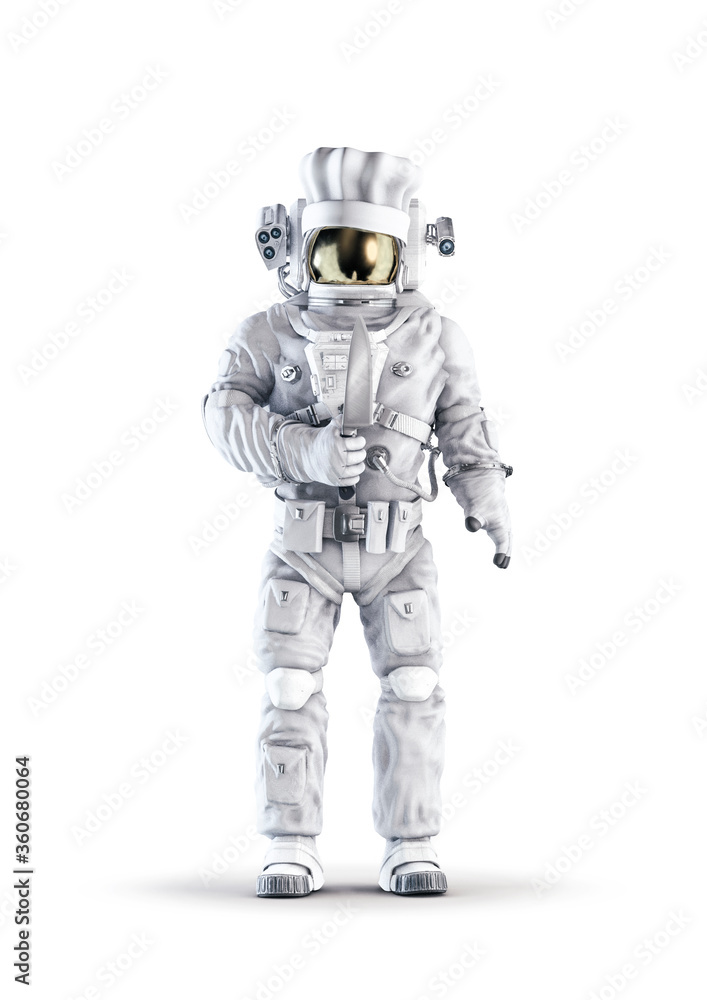 Kitchen chef astronaut / 3D illustration of space suit and chef hat wearing male figure holding large cooking knife isolated on white studio background Kitchen chef astronaut / 3D illustration of space suit and chef hat wearing male figure holding large cooking knife isolated on white studio background