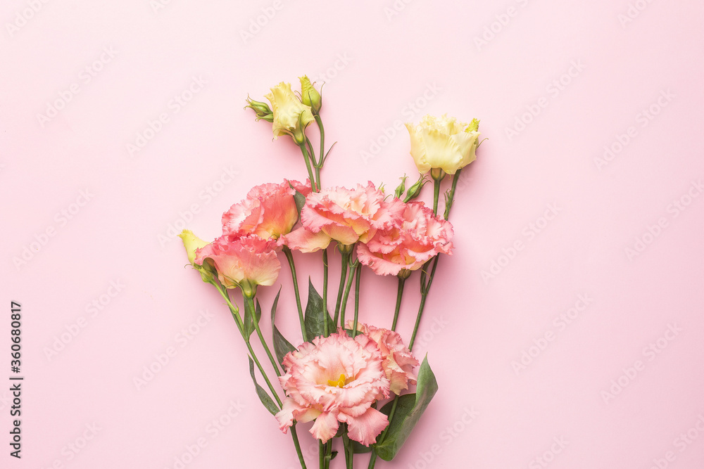 Beautiful pink flower bouquet on pastel background. Holiday and love