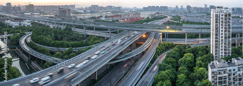 Photography busy traffic road with city skyline in hangzhou china
