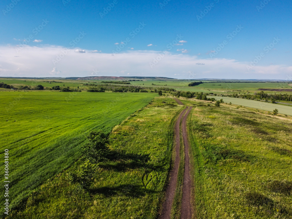 aerial view over field with green grass and empty gravel road during sunny summer day, Samara region, Russia