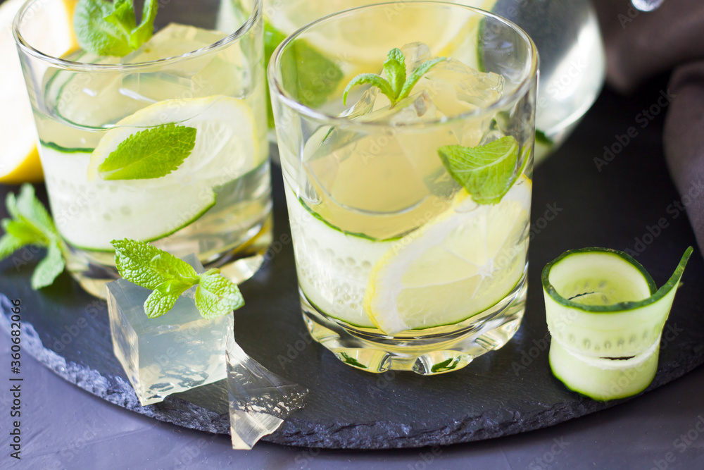 Lemon drink with cucumber and mint. refreshing summer drink. Drink with ice, lemon and cucumber with mint. Lemon drink with cucumber and mint. refreshing summer drink. Drink with ice, lemon and cucumber with mint.