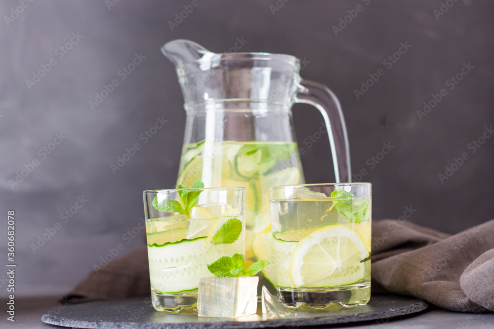 refreshing summer drink. Fresh drink with ice. lemon and cucumber with mint. copyspace