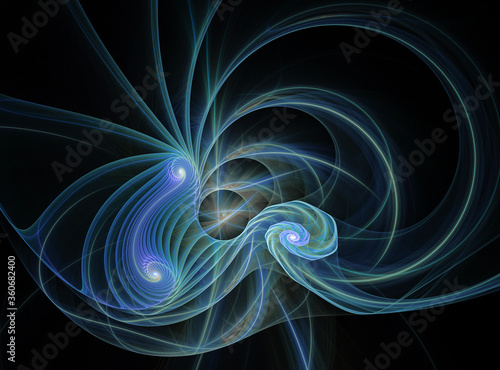 Abstract fractal background. Spirals, arcs, parallel stripes and diverging circles on a black background. 3D rendering. 3D illustration