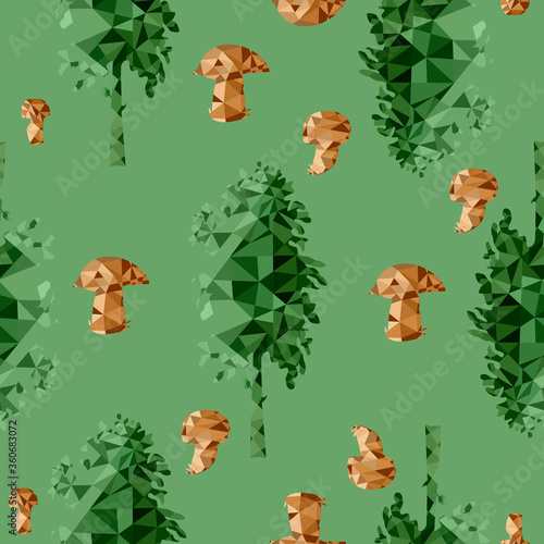 pattern of forest  trees and mushrooms low poly style